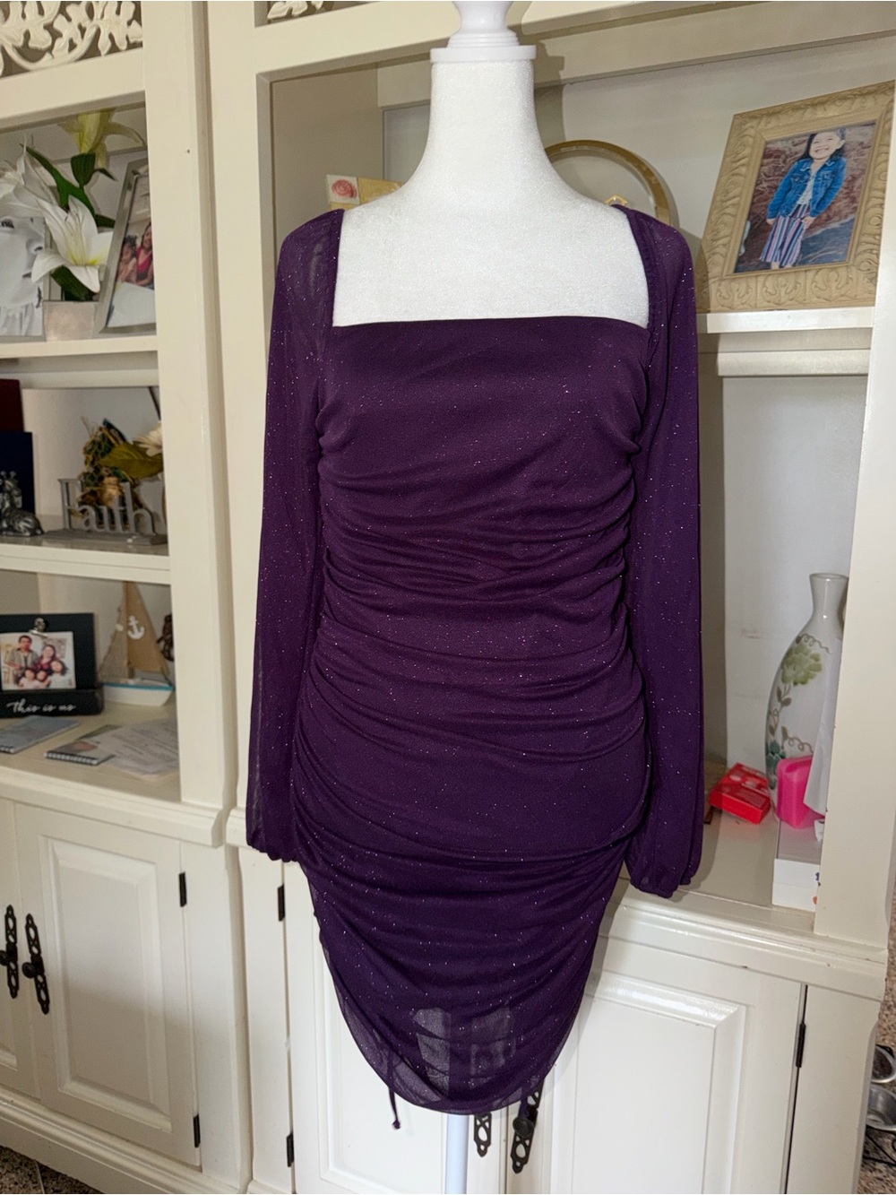 Purple Ruched Long-Sleeve Square Neck Dress